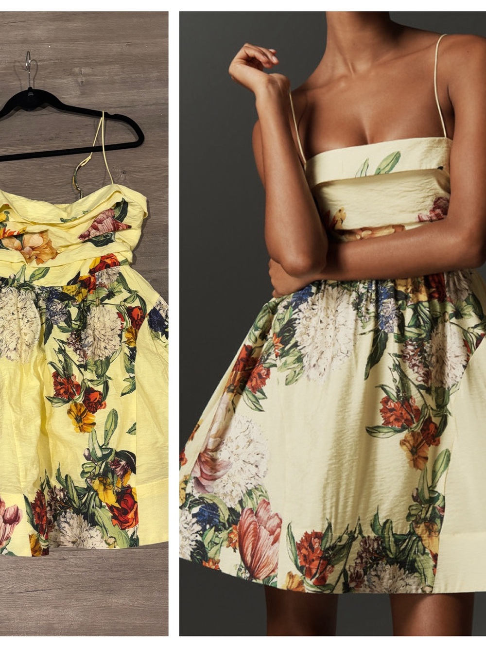 Anthropologie Yellow Floral Mini Dress with Spaghetti Straps